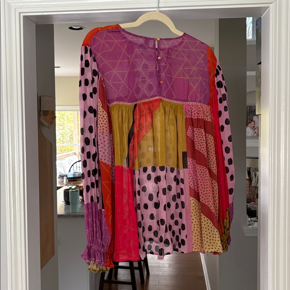 Anthro Patchwork Blouse with Pink and Orange Accents